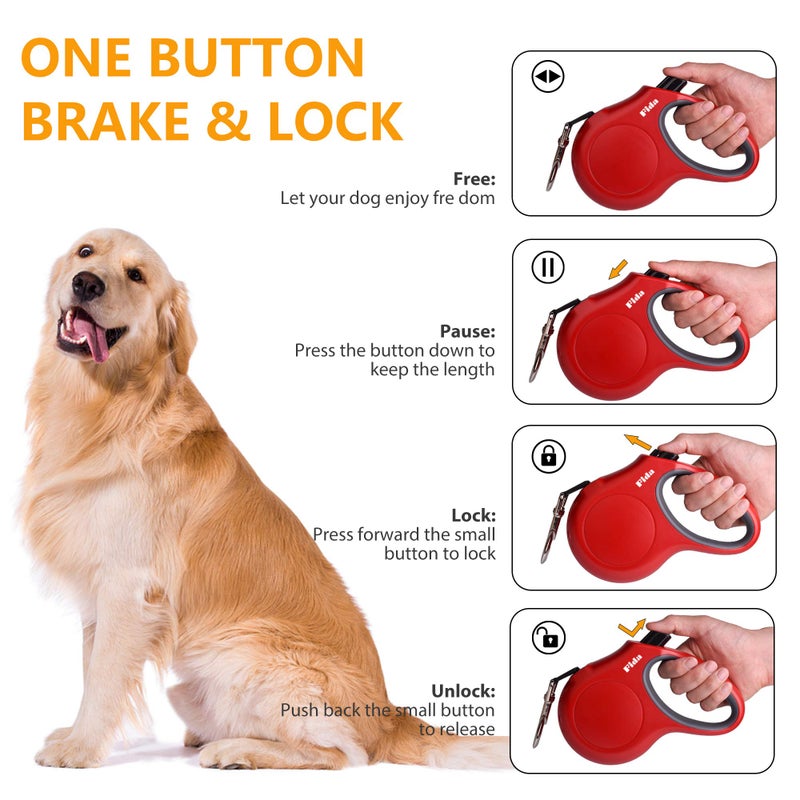 Fida Retractable Dog Leash with Dispenser and Poop Bags, 16 ft Pet Walking Leash for Small Dog or Cat up to 26 lbs, Anti-Slip Handle, Tangle Free, Reflective Nylon Tape (S, Red) - Image 4